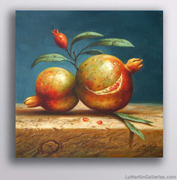small original oil painting of two pomegranates on a wooden table by California artist Alfredo Gomez available for sale at Lu Martin Galleries in Laguna Beach