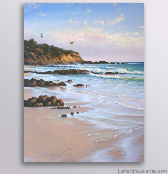 40x30 inch vertical seascape coastal scene of Laguna Beach, California below Heisler Park by fine artist Alfredo Gomez available for sale at Lu Martin Galleries in Laguna Beach