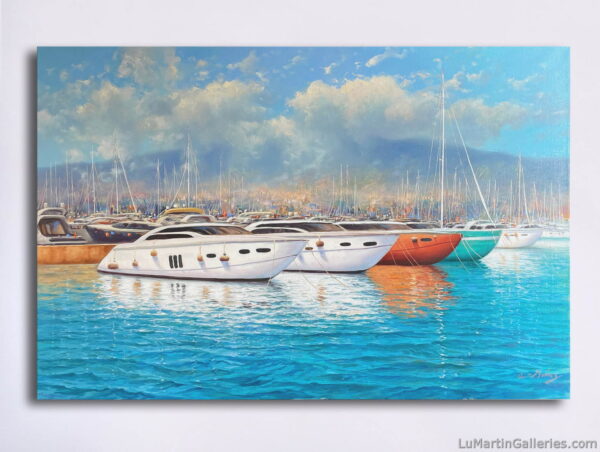 24x36 inch realistic oil painting of boats in San Diego harbor by gallery artist Alfredo Gomez available for sale at Lu Martin Galleries in Laguna Beach
