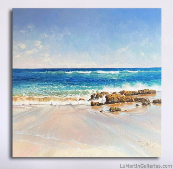 Small realistic seascape painting by gallery artist Alfredo Gomez available for sale at Lu Martin Galleries in Laguna Beach