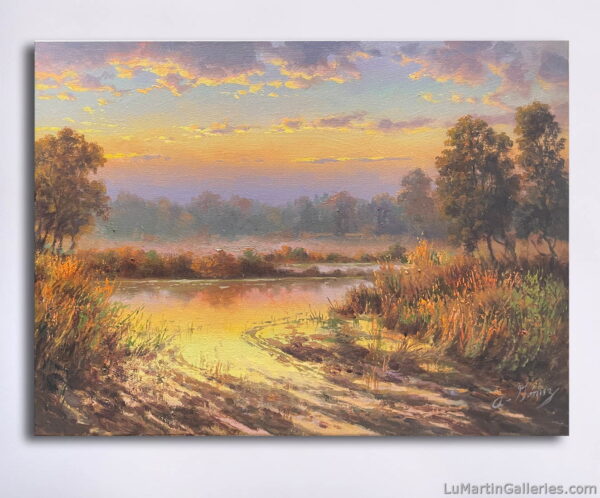 small original oil painting of a landscape at sunset with reflections in the water by artist Alfredo Gomez available for sale at Lu Martin Galleries in Laguna Beach