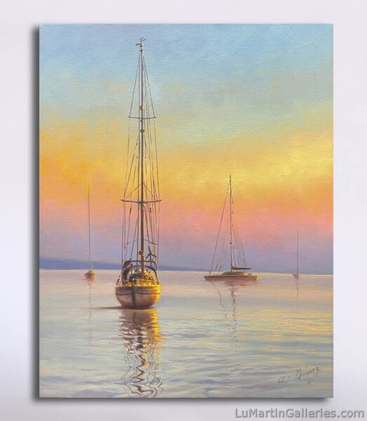 original oil painting of sail boat anchored off the coast at sunset by fine artist Alfredo Gomez available for sale at Lu Martin Galleries in Laguna Beach