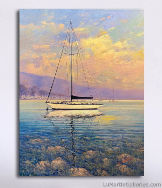 original oil painting of sailboat by artist Alfredo Gomez available for sale at Lu Martin Galleries in Laguna Beach