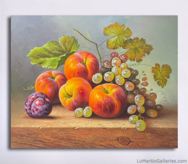 Traditional still life oil painting with grapes, nectarines and a plu on a wooden table by artist Alfredo Gomez available for sale at Lu Martin Galleries in Laguna Beach