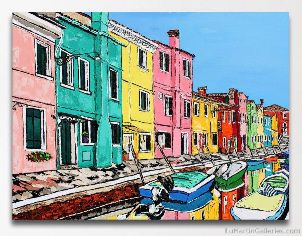 36x48 inch original, colorful oil painting of canal of Burano, Italy by artist Brooke Harker