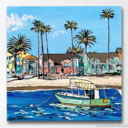 Original impasto style oil painting of Balboa Island, Newport Beach, California showing colorful homes, palm trees, and a boat in the water.