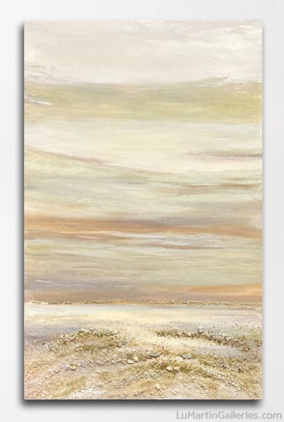 mixed media contemporary coastal artwork made with resin, glass and acrylic paint in warm, soft, yellow and beige colors