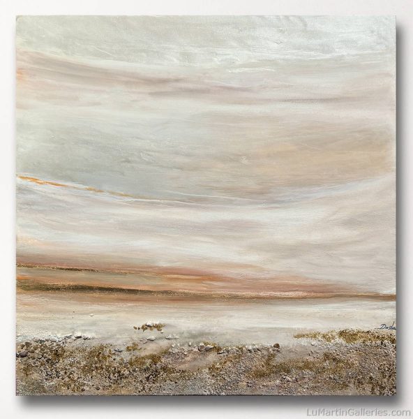 48x48 inch mixed media coastal artwork with gold and pearlescent colors