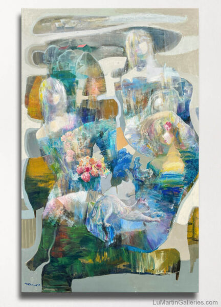 modern abstract painting of several ladies with cat and horse