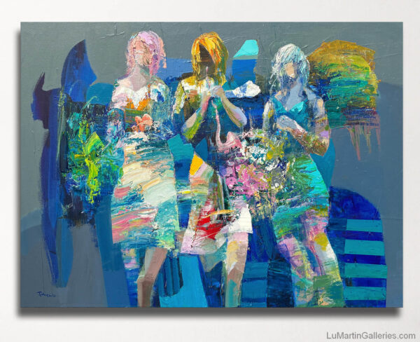 modern abstract figurative painting in blue colors with three women playing instruments