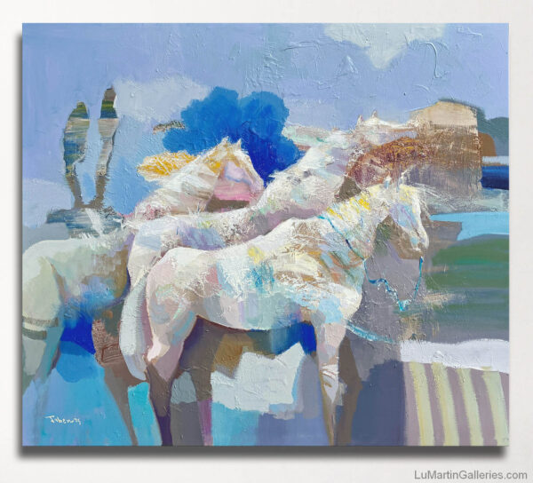 contemporary abstract painting in pastel colors showing three horses by California artist Jaber Alsaria