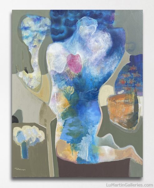Modern abstract painting of lovers kissing