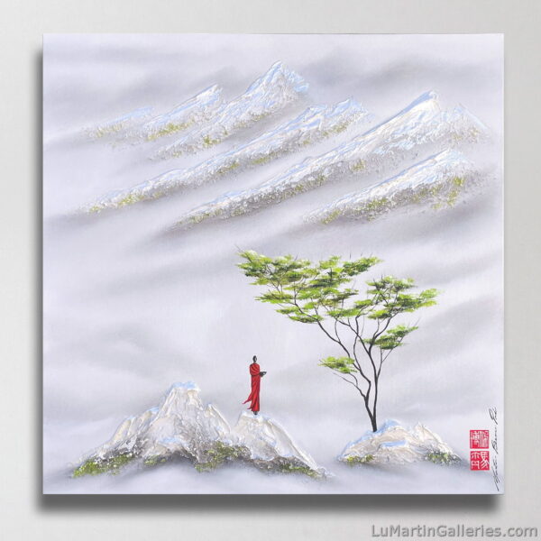 24x24 inch mixed media japanese style painting of a monk on his zen journey through the mountains next to a green tree by artist Martin Beaupre available for sale at Lu Martin Galleries in Laguna Beach