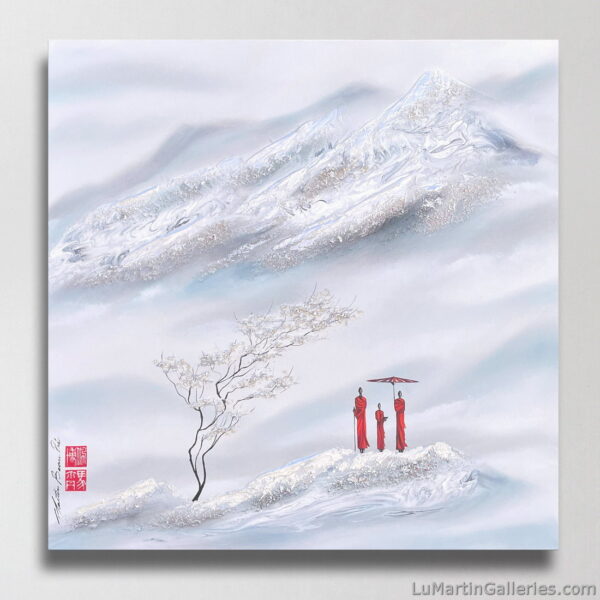 24x24 inch original mixed media Japanese style painting by Martin Beaupre showing 3 monks in red robes in the mountains by artist Martin Beaupre available for sale at Lu Martin Galleries in Laguna Beach