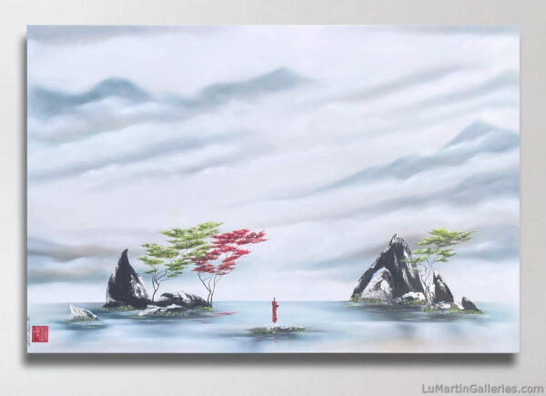 40x60 inch original painting of an asian monk traveling through cloud filled mountains by Canadian artist Martin Beaupre available for sale at Lu Martin Galleries in Laguna Beach