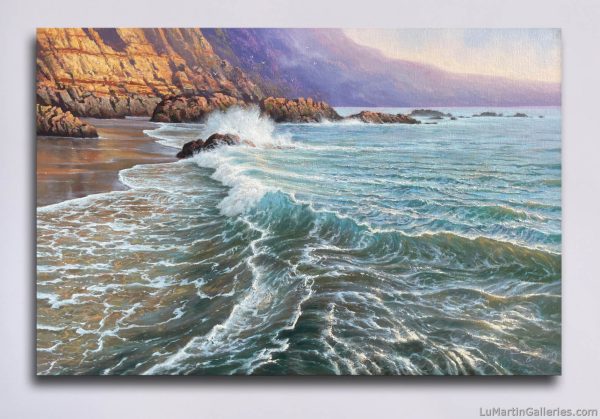 original oil painting 24x36 inches showing the coast with waves and cliffs by artist Alfredo Gomez available for sale at Lu Martin Galleries in Laguna Beach