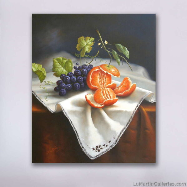 still life painting with orange and grapes