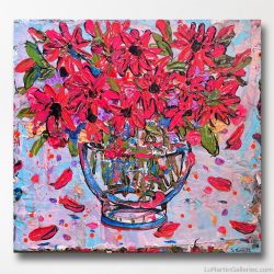 colorful floral painting with red flowers painted with thick impasto acrylic paint