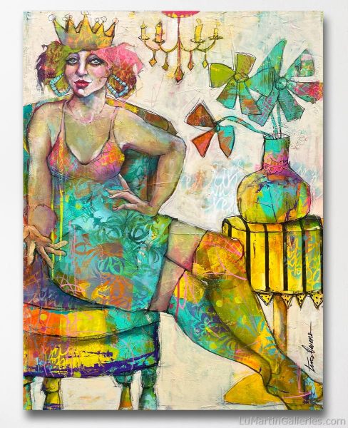contemporary abstract painting of woman on chair wearing a crown with a vase with flowers painted by california artist Traci Owens